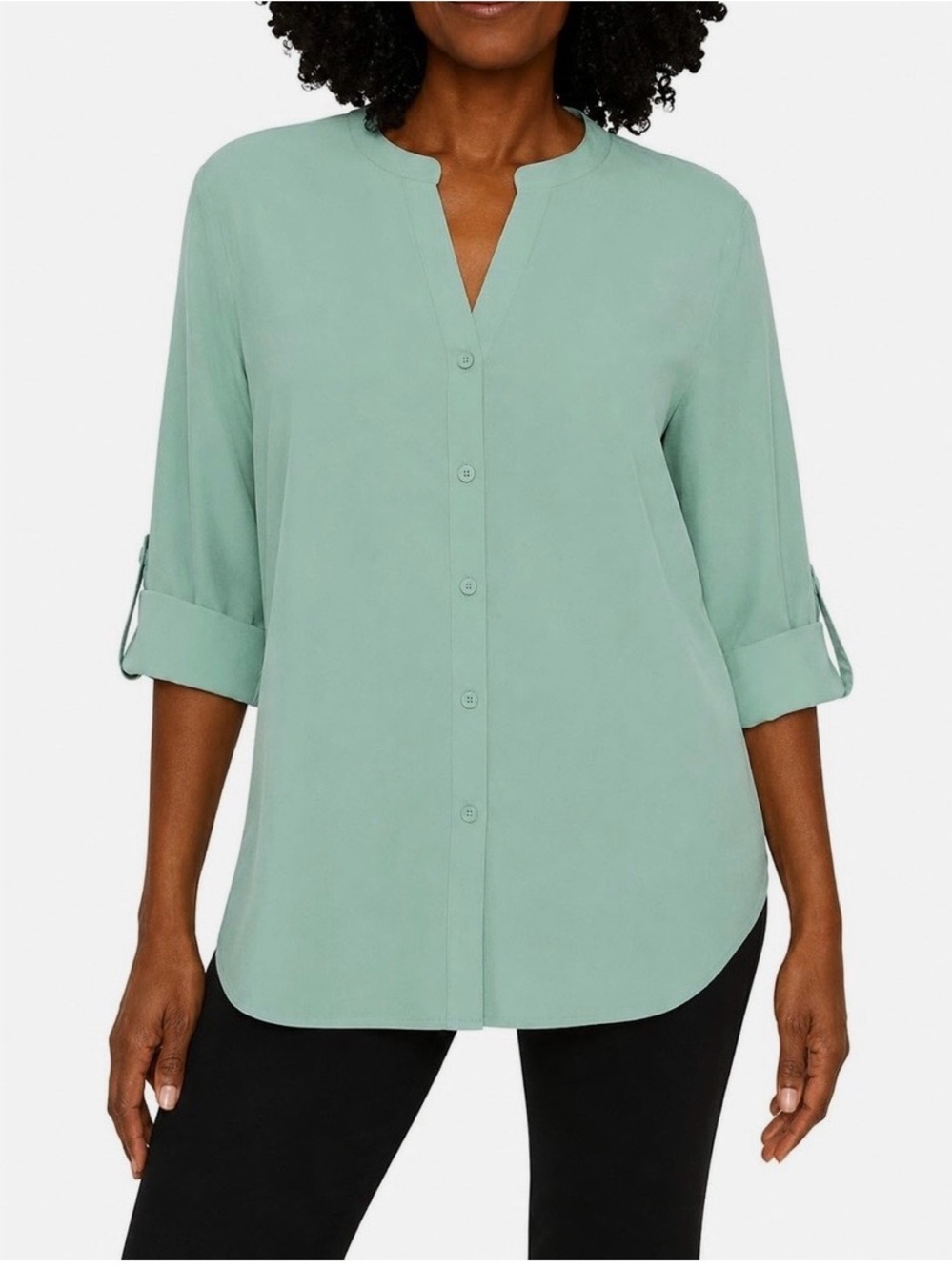 Mario Serrani Mint Green V-Notch Button-Front Roll Sleeve Blouse